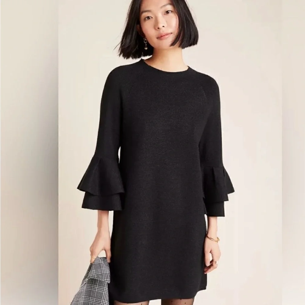 Anthropologie Claudette Ruffled Stylish Tan Bell Sleeve Top Dress